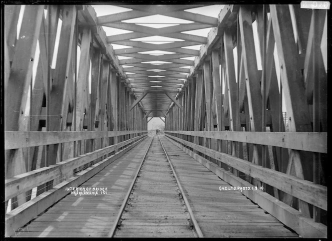 Interior view of the Railway Bridge over the Waikato River at Ngaruawahia, 1910 - Photograph taken by G & C Ltd