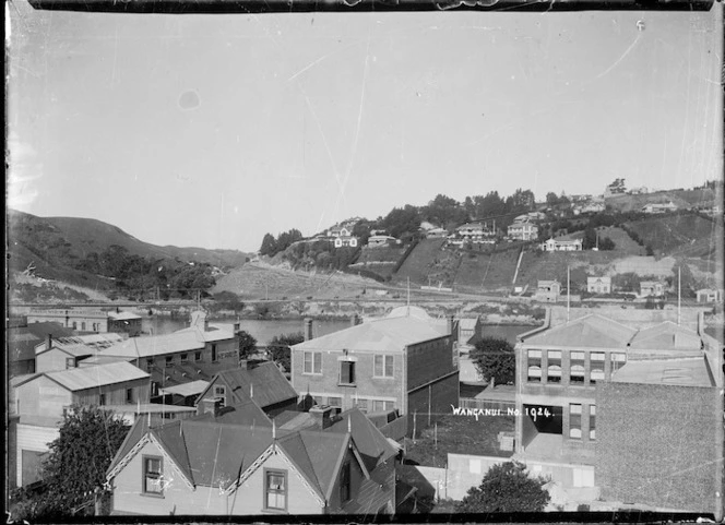 View of Wanganui looking over the central business area towards Durie Hill