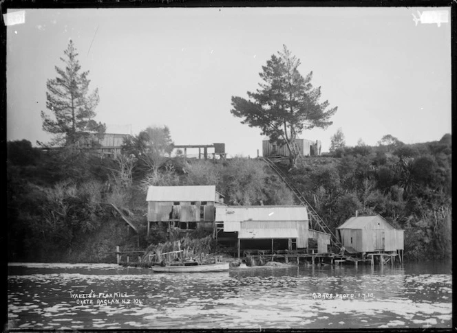 Wallis's flax mills, Okete, Raglan Harbour, 1910 - Photograph taken by Gilmour Brothers