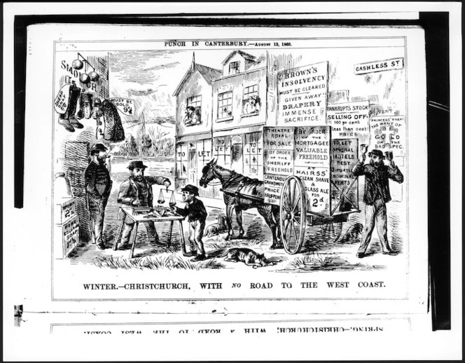 Cartoonist unknown :Winter - Christchurch, with NO road to the West Coast. Punch in Canterbury, 12 August 1865.