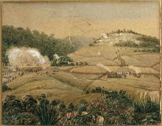 Bridge, Cyprian, 1807-1885 :View of the Waikadi Pa in flames after its capture and the enemy retreating on the brink of the hill at the back. [1845]