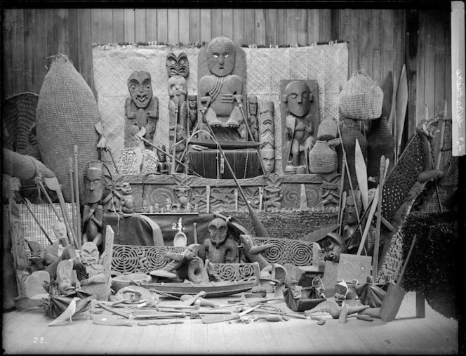 Display of Maori carvings and artefacts - Photograph taken by William Henry Thomas Partington