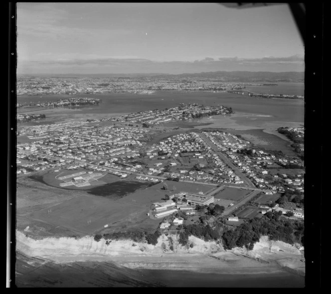 Takapuna Grammar School on the right and Belmont Intermediate School on the left, Takapuna, North Shore City, Auckland Region