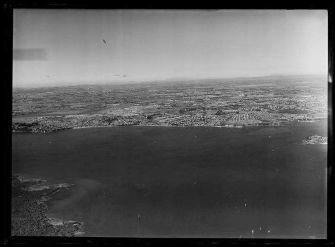 Looking toward St Heleirs, Kohimarama, and Mission Bay from over Rangitoto Island, Auckland