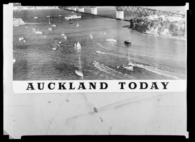 Auckland Today [magazine?] image and text composite of Waitemata Harbour with various boats on the water by Auckland Harbour Bridge