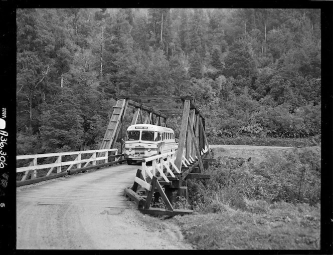 New Zealand Road Services bus in the Buller Gorge, West Coast - Photograph taken by Mr W Walker