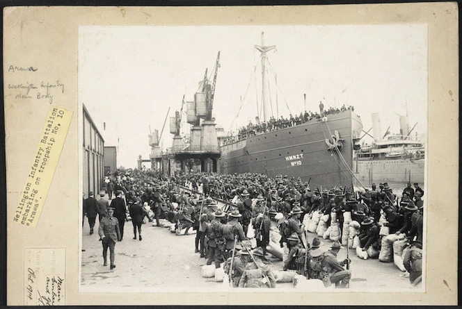 Wellington Infantry Battalion embarking on HMNZT No 10, Arawa - Photograph taken by S C Smith