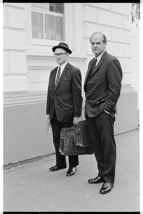 Solicitor General Mr R C Savage and Crown counsel Mr D P Neazor arriving at the Supreme Court, Wellington, during the Sutch trial