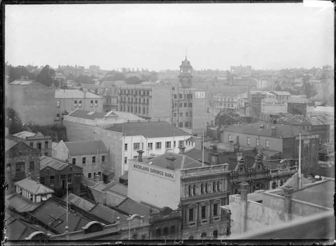 Bird's-eye view of Auckland Savings Bank building and central Auckland looking south east