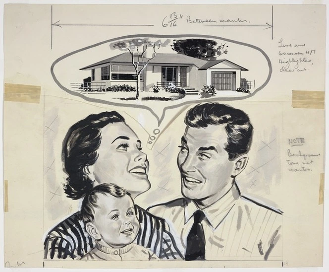 Ilott Advertising Ltd :[Couple dream of their own home]. 16.11.60 [National Party publicity design drawing. 1960]