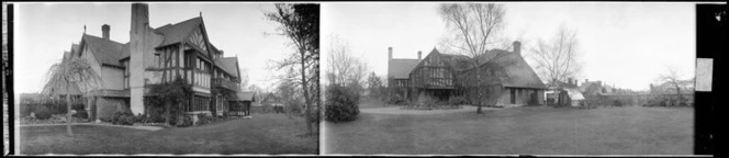 Split-frame view of large mock Tudor brick house and garden, Christchurch