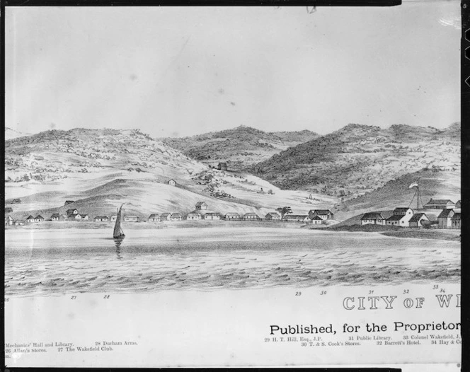 Nattrass, Luke, 1803?-1875 :City of Wellington, New Zealand. 1841. [W. Richardson lithographer from a sketch by L. Nattrass. 2nd edition]. Wellington, McKee & Gamble [ca 1890. Part two, central section, left-hand side]