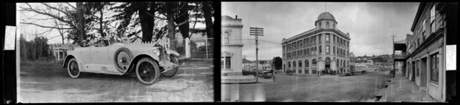 Split image showing close-up of an open-topped 4-door car; and Street scene showing Wanganui Chronicle Company Ltd building