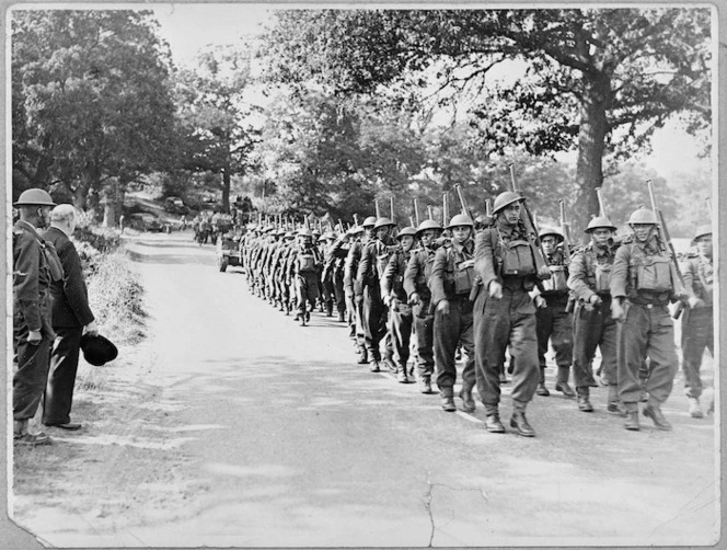 Winston Churchill taking the salute from D Company of 28 (Maori) Battalion, England