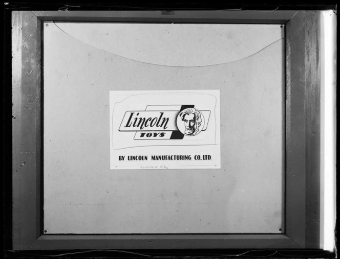 Framed sign with an image and the words, Lincoln Toys, by Lincoln Manufacturing Co. Ltd