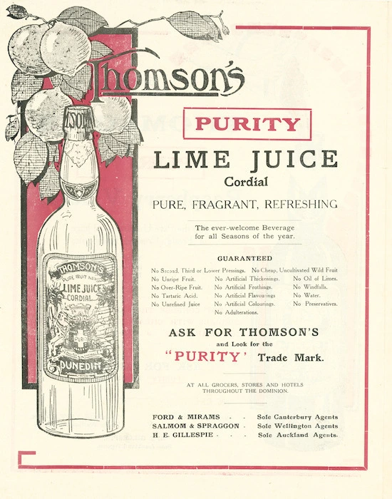 Thomson & Company (Dunedin) :Thomson's "Purity" lime juice cordial; pure, fragrant, refreshing [ca 1910]