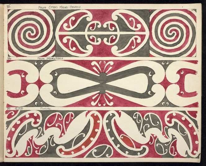 Godber, Albert Percy, 1876-1949 :[Drawings of Maori rafter patterns]. 35. From Otaki Maori Church; 36. From Murupara; 37. 2MA. Puhoro. [1939-1947].