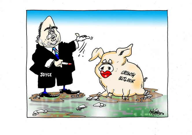 Finance Minister Steven Joyce puts lipstick on a pig labelled 'Growth outlook'