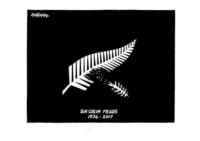 The silver fern is cast in the shadow of a fallen pine tree after Sir Colin Meads dies