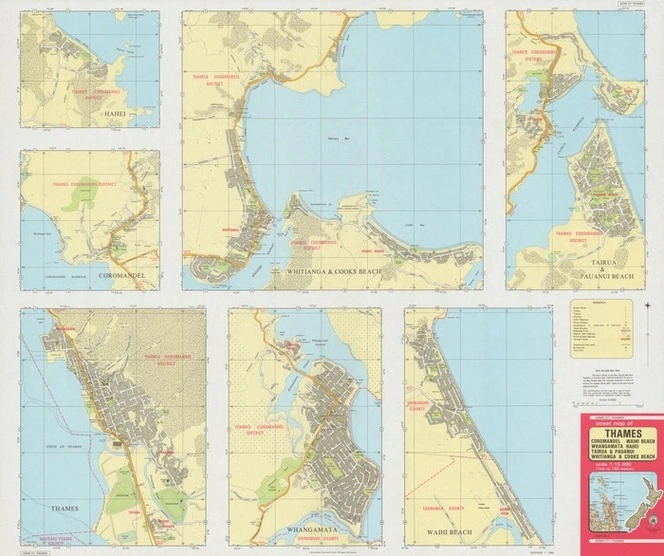 Street map of Thames, Coromandel, Waihi Beach, Whangamata, Hahei, Tairua & Pauanui, Whitianga & Cooks Beach, scale 1:15 000 (1 cm to 150 metres)