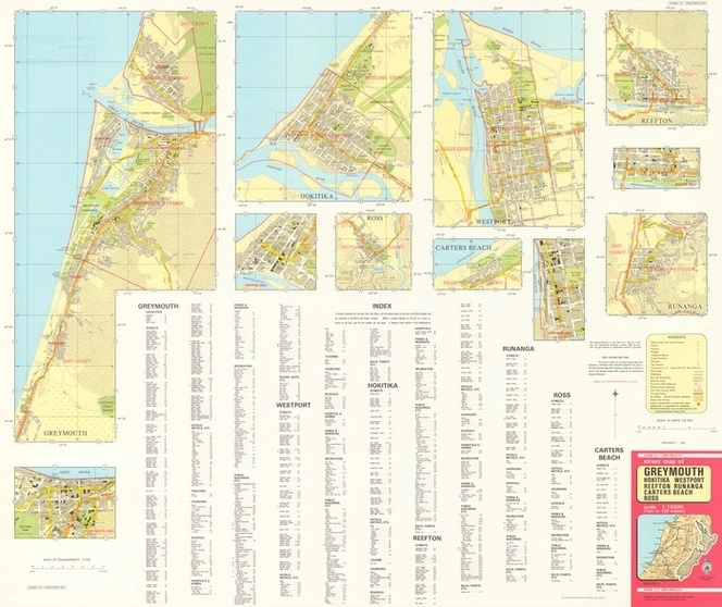 Street map of Greymouth, Hokitika, Westport, Reefton, Runanga, Carters Beach, Ross.