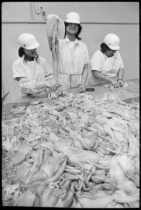 Staff of Seafresh Fisheries (NZ) Ltd, Lower Hutt, at the gutting table - Photograph taken by Merv Griffiths