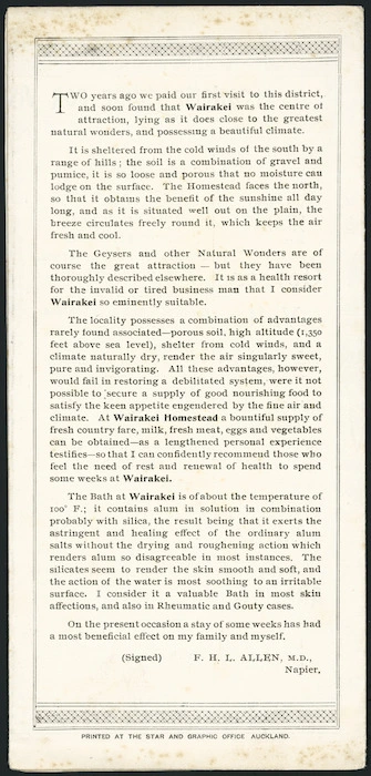 Allen, F H L (Dr), fl 1890s? "[Letter recommending Wairakei. 1890s?]