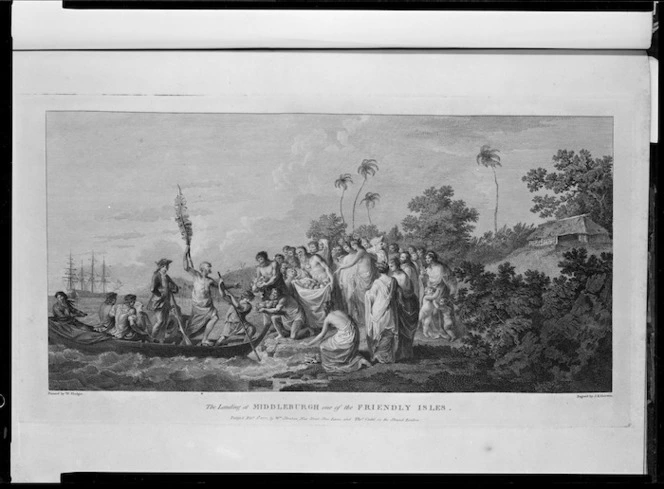 Hodges, William, 1744-1797 :The landing at Middleburgh, one of the Friendly Isles. Painted by W. Hodges. Engraved by J. K. Shirwin. Publ.d Feb 1st 1777, by W. Strahan, New Street, Shoe Lane, and Tho.s Cadel, in the Strand, London.