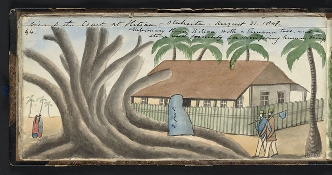 Missionary house Hitiaa, with a timanu tree and a stone used formerly for sacrificing human beings