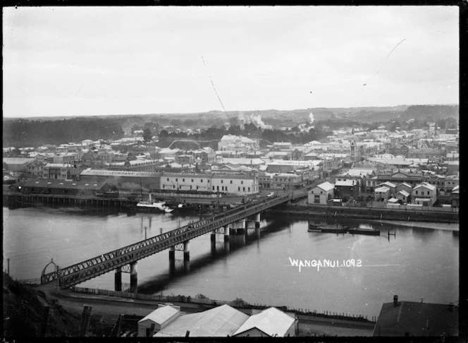 View of Wanganui with Town Bridge stretching across the Whanganui River in the foreground