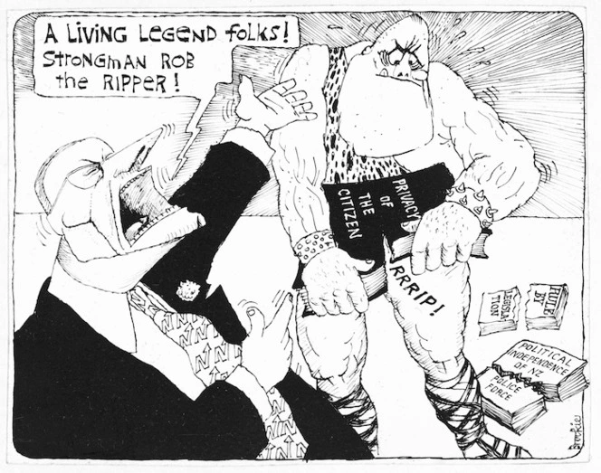 Brockie, Robert Ellison, 1932- :A living legend folks! Strongman Rob the ripper! National Business Review, [1975-1984].