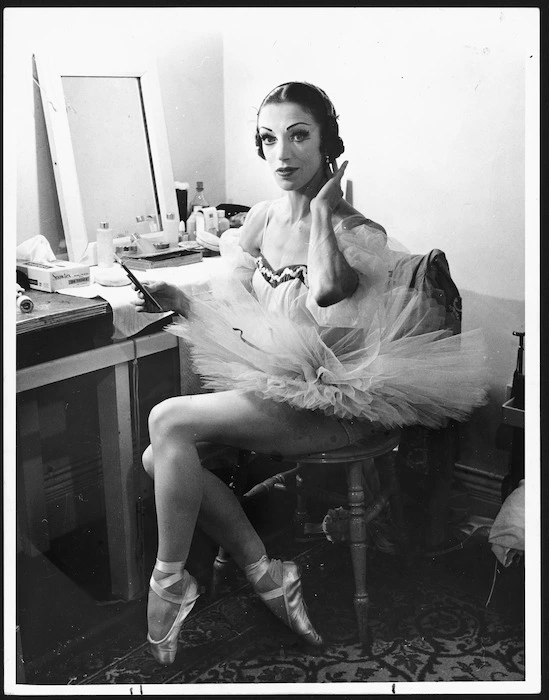 Principal ballerina Sara Neil seated in a dressing room - Photograph taken by the Evening Post