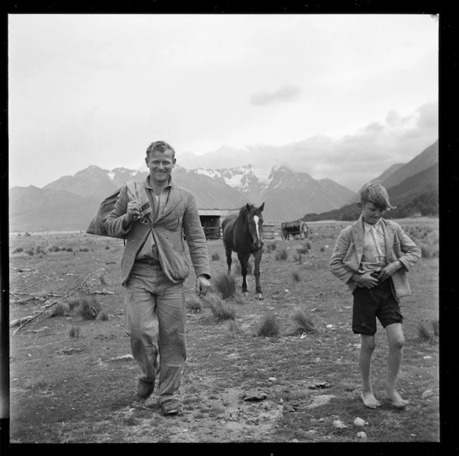 Farm-hand Ted Porter and his son Bobby, bringing in the mail at Manuka Point Station, Canterbury