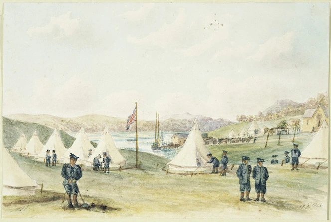 Scrivener, Henry Ambrose b 1842 :Naval camp of H. M. S. Harrior at Drury, New Zealand. 1863.