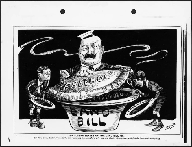 Blomfield, William, 1866-1938 :Sir Joseph serves up the Land Bill pie. New Zealand Observer, September 1910.