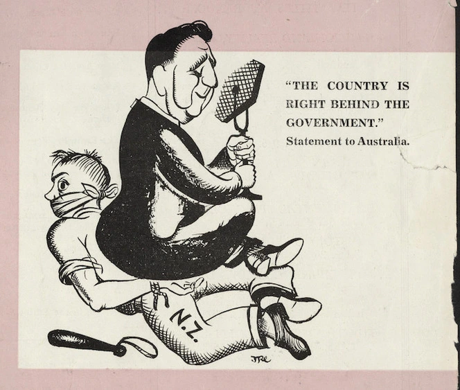 Cartoonist unknown :The country is right behind the Government - statement to Australia. Here and Now, May 1951 (front cover).