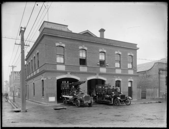 City Fire Brigade Station, Lichfield Street, Christchurch, with engines