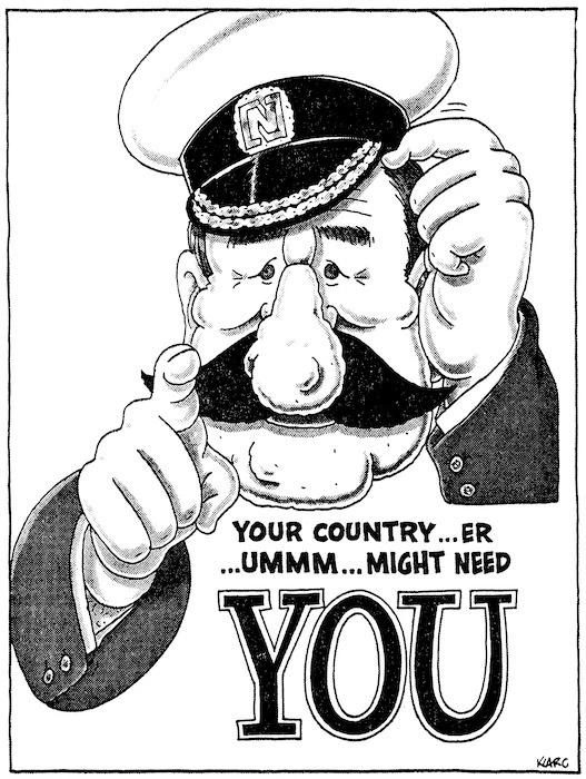 Clark, Laurence, 1949- :Your country ... er ... ummm ... might need you. New Zealand Herald, 7 May 1994.