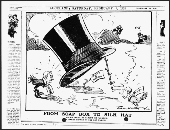 Gilmour, John Henry, 1892-1951 :From soapbox to silk hat. New Zealand Truth, 9 February 1924.