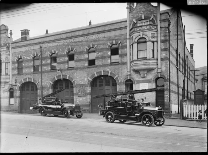 City Fire Brigade Station, Auckland with fire engines parked outside