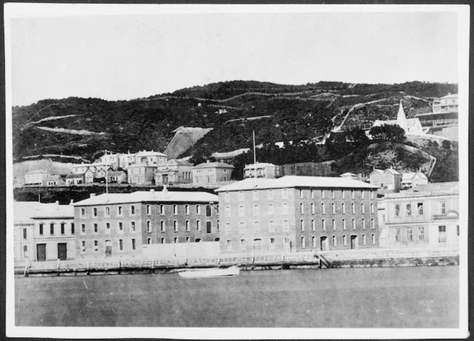 Warehouses of W & G Turnbull and Company, Customhouse Quay, Wellington - Photograph taken by William Brickell Gibbs