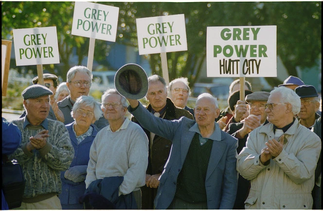 Grey Power members protesting against asset testing, Parliament Grounds, Wellington - Photograph taken by Phil Reid