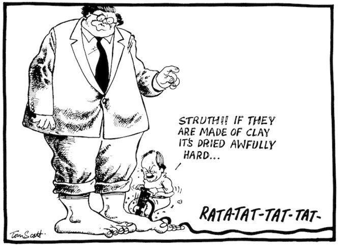 Scott, Thomas, 1947- :'Struth!! If they are made of clay it's dried awfully hard...' RATA-TAT-TAT-TAT-. Evening Post, 29 June 1989.