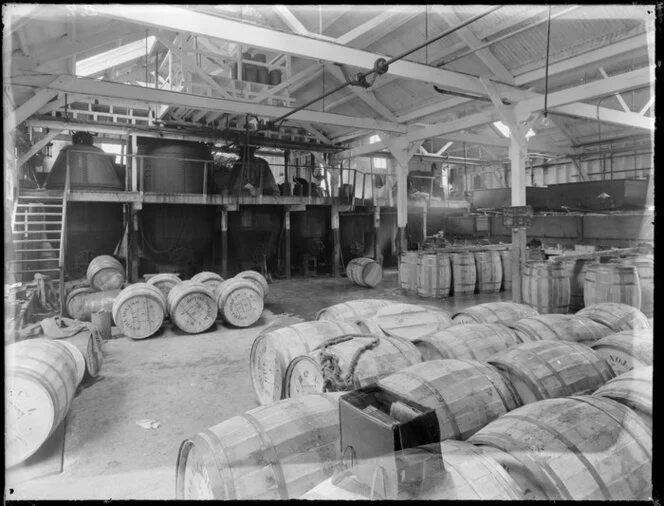 Barrels labelled C M Co [Christchurch Meat Company], Mutton Tallow, Burnside Freezing Works, Green Island, Taieri