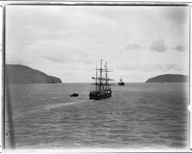 The ship Discovery leaving Lyttelton Harbour