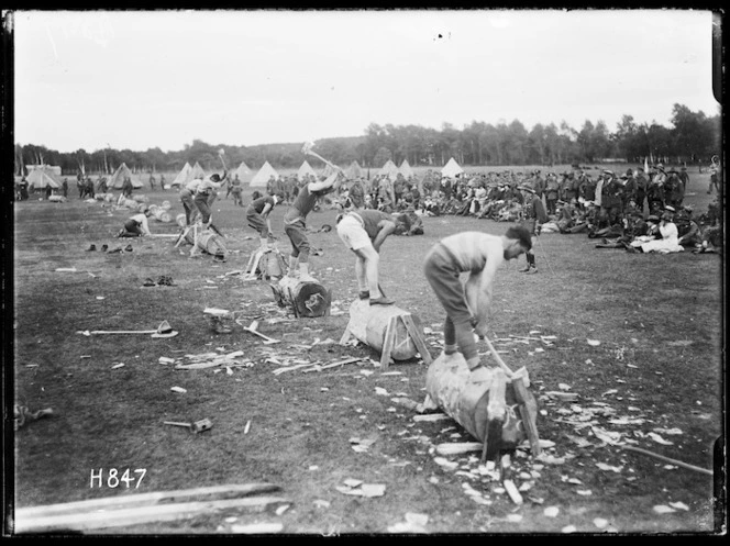 Wood chopping competition at New Zealand Base Depot Sports, Etaples