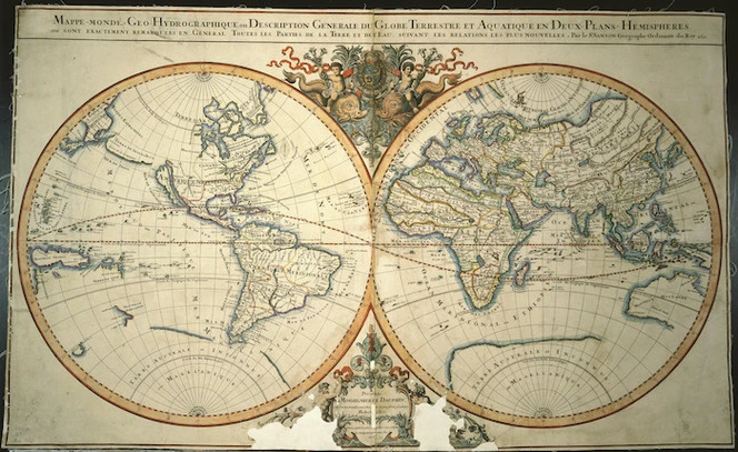 Mappe-monde geo-hydrographique, ou description generale du globe terrestre et aquatique en deux-plans-hemispheres, ou sont exactement remarquées en general toutes les parties de la terre et de l'eau, suivant le relations les plus nouvelles / par le Sr. Sanson, Geographique Ordinaire du Roy.