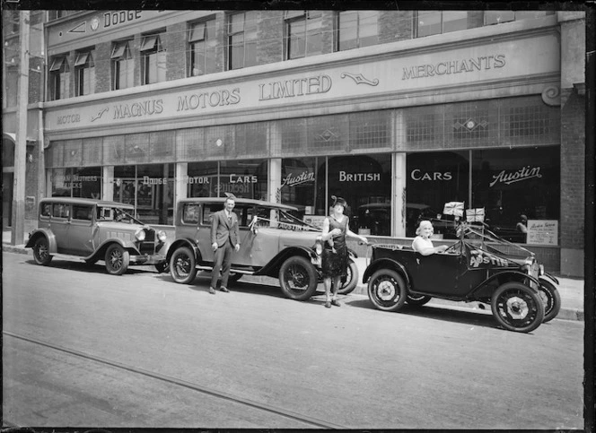 Cars outside Magnus Motors Ltd showroom, Wellington