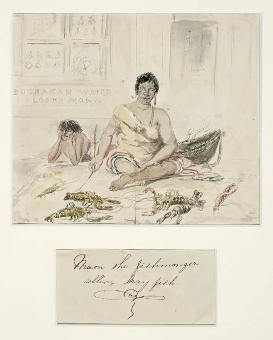 Artist unknown :Maori the fishmonger selling crayfish. [ca 1860-1865]