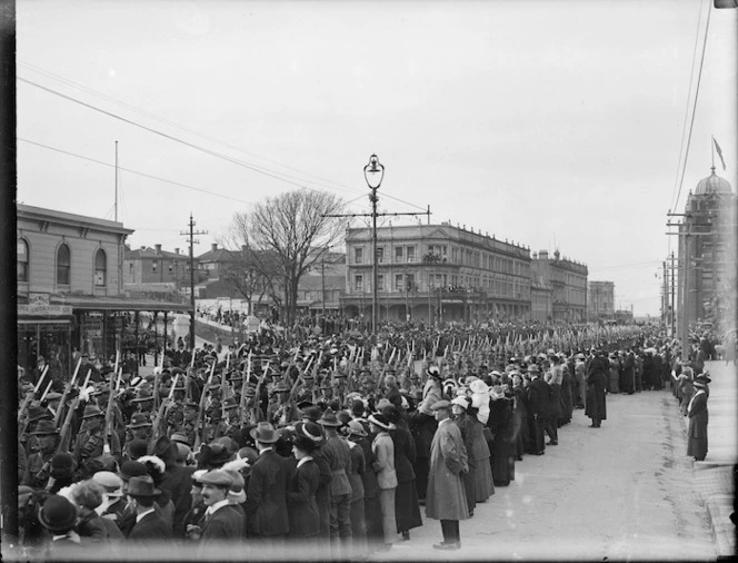 World War 1 troops on parade, Lambton Quay, Wellington